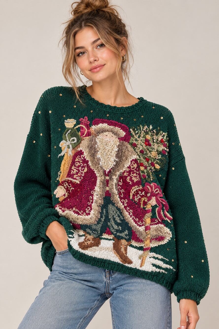 Vintage TIARA Petites Santa Sweater – 3D Textured Christmas Knit